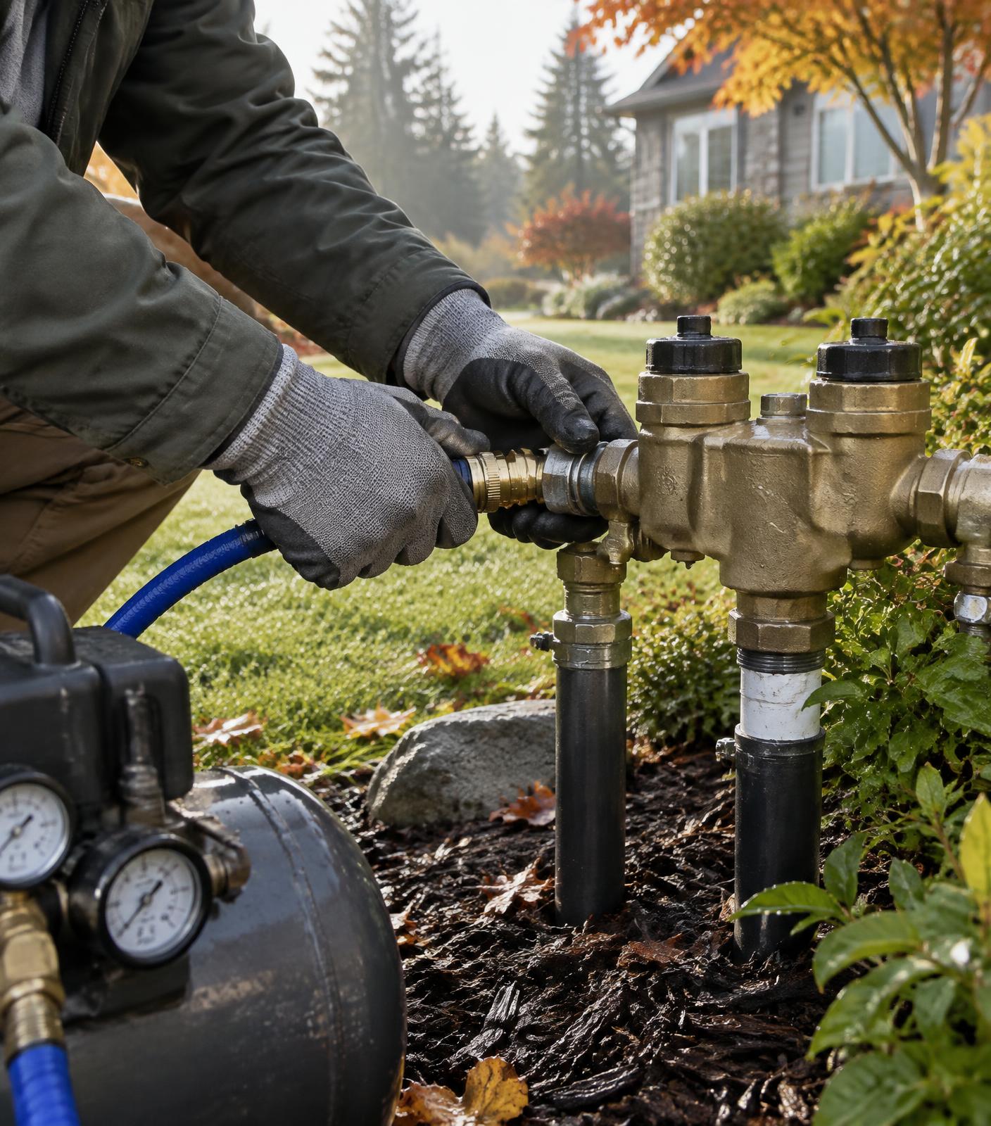 Technician connecting an air compressor to a home's irrigation backflow valve